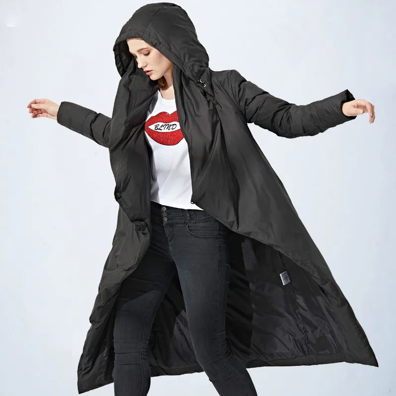 EF18058Black Зимняя модная Новая женская однотонная с капюшоном Регулируемая талия на шнуровке длинная теплая куртка высокого качества длинное пальто - Цвет: EF18058Black