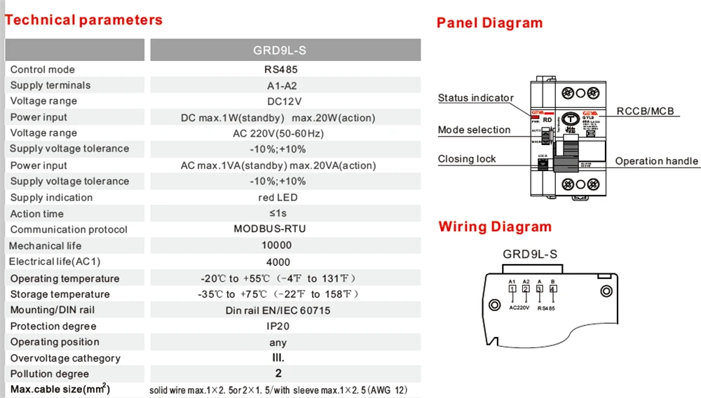 de controle 4, GRD9L RCCB, 2P, 40A,