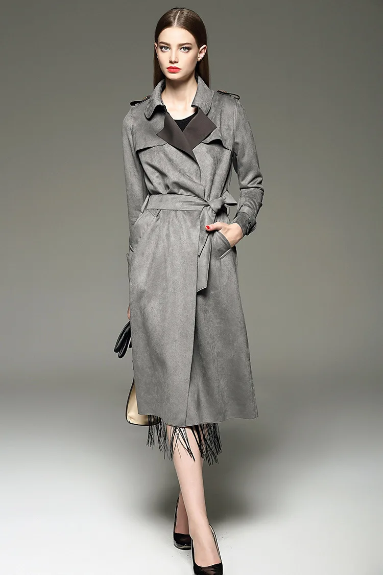 Женская мода длинный тонкий замшевый плащ осень зима длинные пальто однотонный комбинезон для новорожденных с длинными рукавами пальто серый красный верблюжий