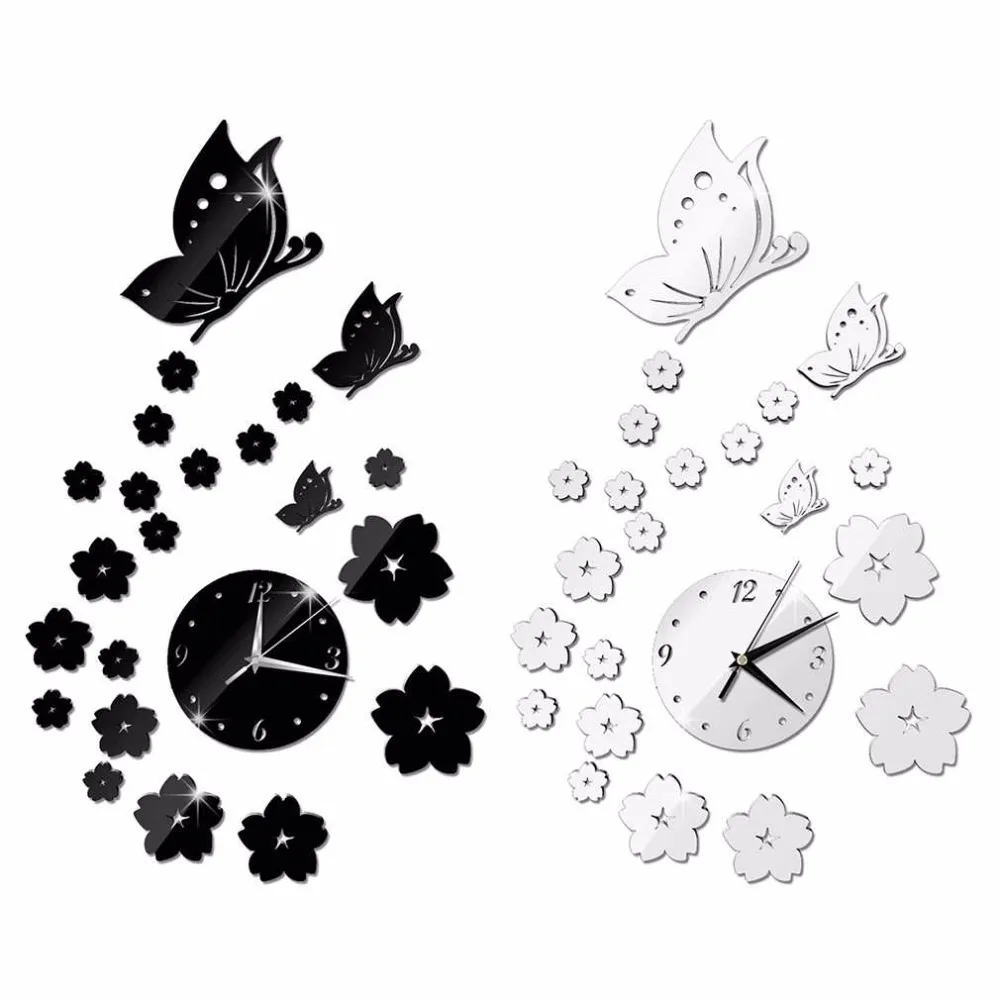 Hot Sales Mirror Wall Stickers 3D Clock Butterfly Pattern Home Decoration Contemporary Quartz Living Room Clock