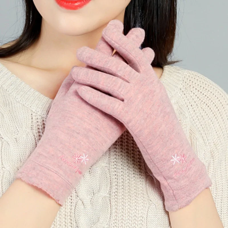Зимние кашемировые милые женские перчатки с вышивкой лисы, тонкие теплые бархатные варежки, весенние ветрозащитные перчатки для езды на велосипеде E47 - Цвет: E47B Pink