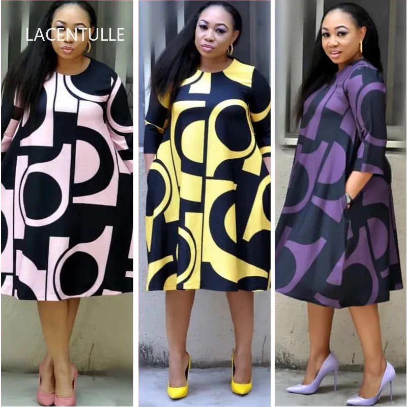 

African Women's Mid Length Print Dresses Spring Autumn Party Dress Clothing