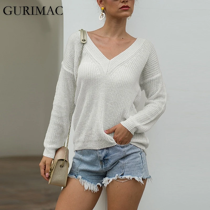 

GURIMAC Women's Pure Long-sleeved Knit Sweater Women Loose Fit Knit Pullovers Tops 2020 Basic Casual V Neck White Sweaters S-5XL