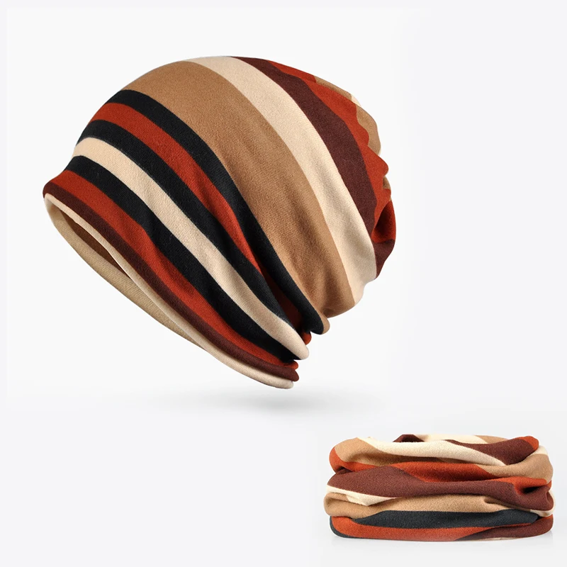 Женские шапочки, зимние, хип-хоп, Skullies, Женская Осенняя шапка, утолщенная, Вязанная, в полоску, модный шарф, цветные головные уборы, повседневные, Женский тюрбан