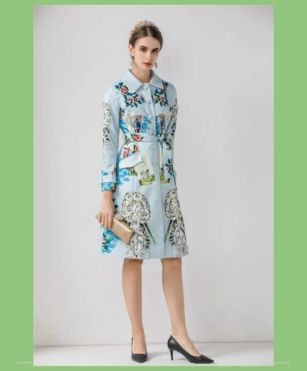 Модное шоу ropa mujer осенне-зимние пальто и куртки для женщин с длинным рукавом винтажный ремень Поддельные карманы печати feminina vestidos