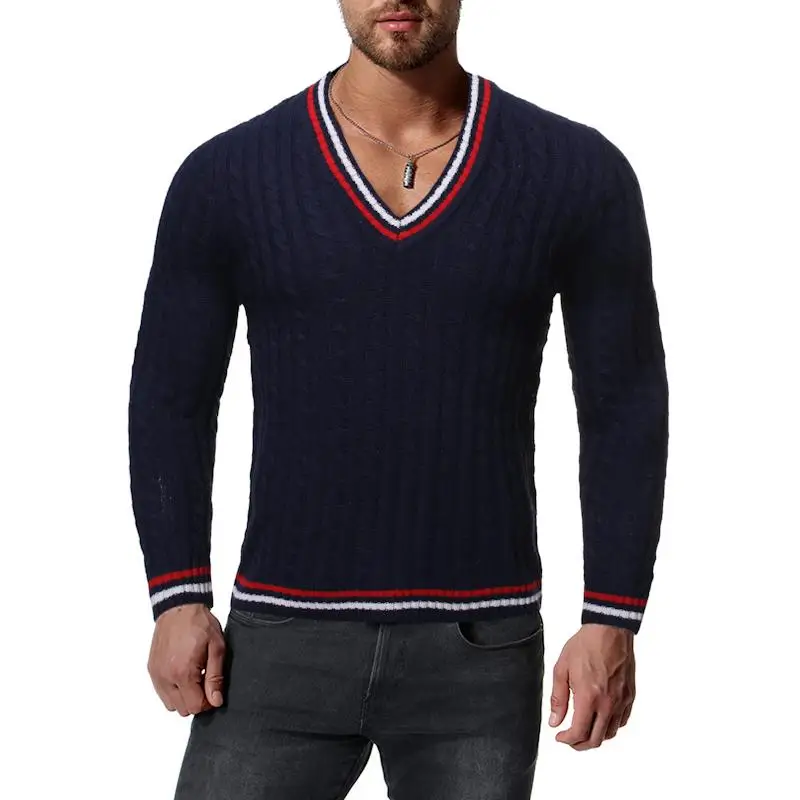 Вязаный свитер для мужчин, топы, пуловеры с v-образным вырезом, мужской полосатый джемпер, теплый свитер для мужчин, белый, темно-синий, осень и зима - Цвет: Navy 1610-MY96-P45