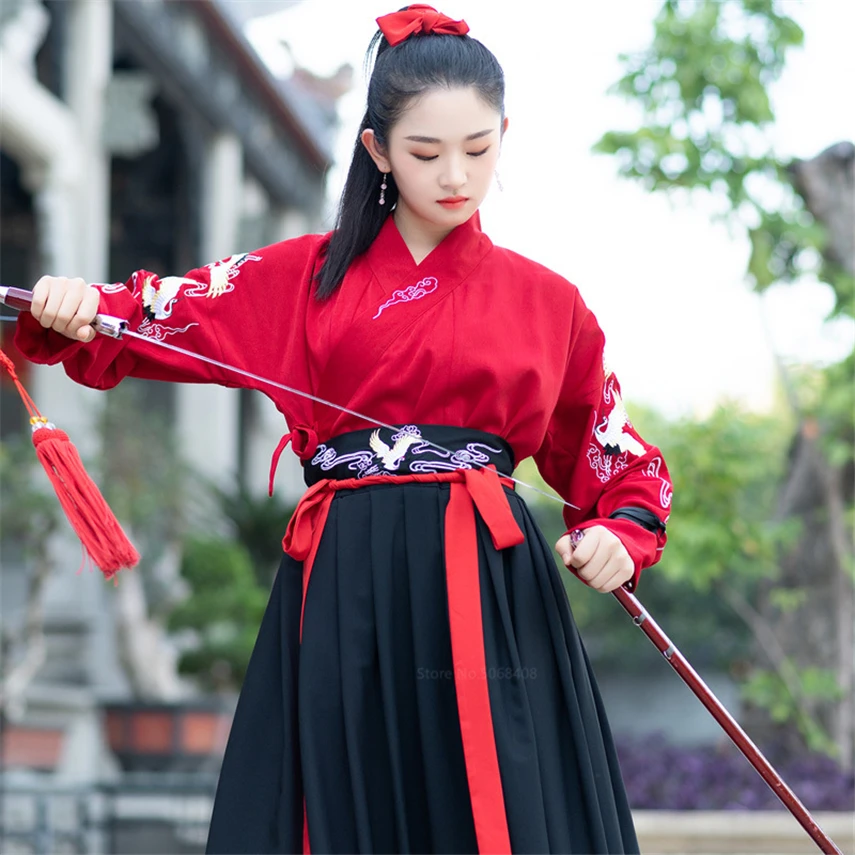 Chinese Ancient Swordsman Embroidered Crane Hanfu Cosplay Costume 