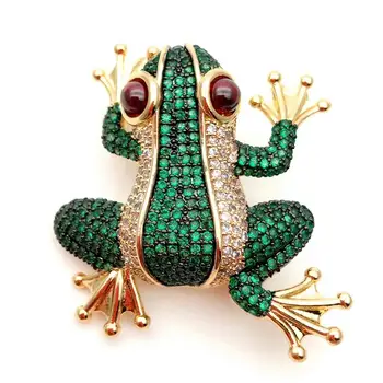 

Fashion Animal Brooch Clear Rhinestone Green Frog brooch pin in Yellow Gold color Plated