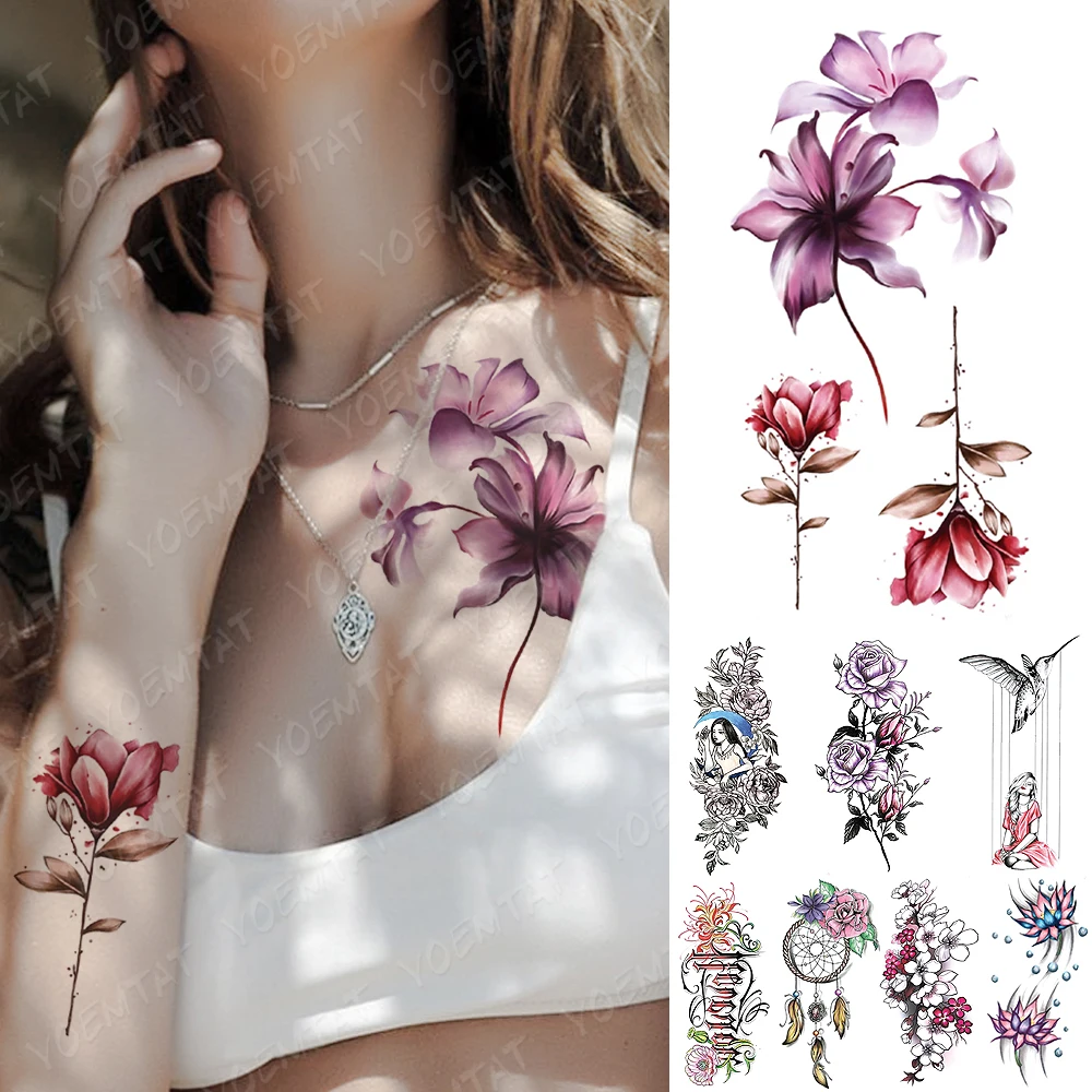 Waterproof Temporary Tattoo Sticker Dark Rose Lily Line Flowers Tattoos Girl Bird Lotus Body Art Arm Fake Sleeve Tatoo Women Men | Красота и