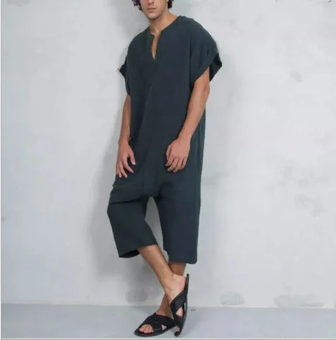 Navy blue Мужской короткий льняной хлопковый комбинезон с v-образным вырезом, повседневный комбинезон, льняной свободный короткий рукав - Цвет: Navy blue