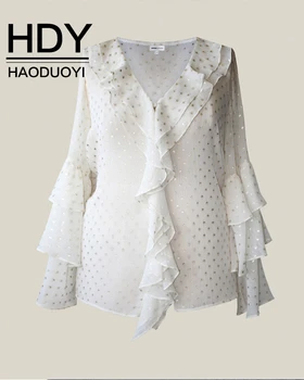 

HDY Haoduoyi 2020 Spring New Fashion Printing Bronzing Loose Thin Plus Size Ruffle sleeve Women Shirt