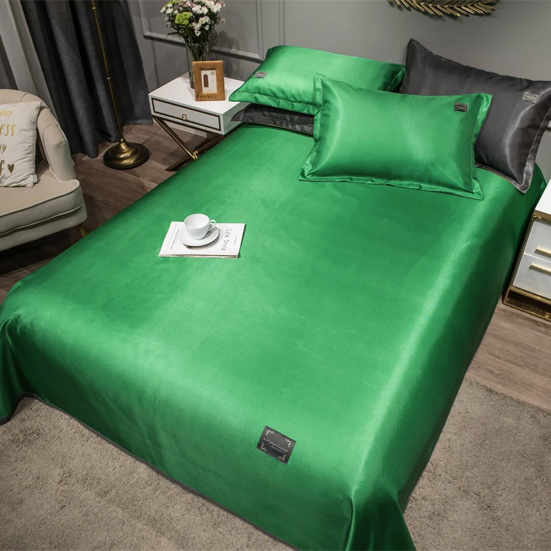 2021 Newest Products Pure Color Embroidered ice Silk Mat Bed Cover fitted sheet Pillowcases 3 pcs Luxury Bedding Green Color