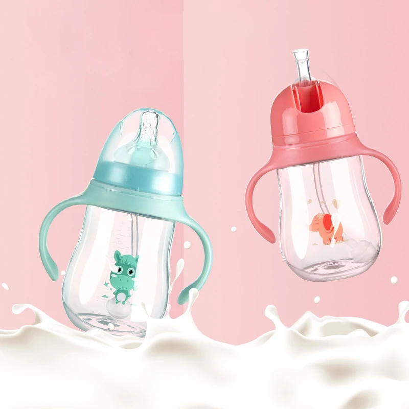 

Baby Milk Bottle Kids Drinking Water Dual-use Bottle BPA Free Breastfeeding Straw Cup with Handle Kids Feeding Bottle 300ml