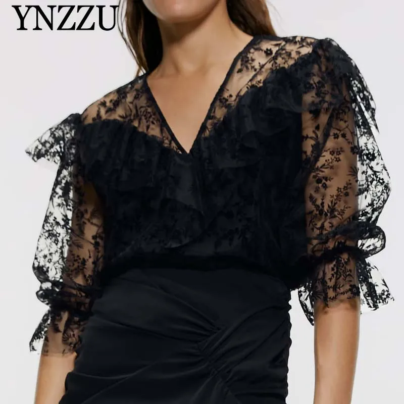 

Sexy Mesh Flocking Women tops V-neck Fashion Floral tulle Female blouse shirt Black lace Hollow out blouse Summer 2019 YT740