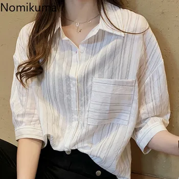 

Nomikuma Turn Down Collar Single Breasted Pocket Loose Tops Women Casual Fashion Striped Shirts Elegant Blouse Plus Size 3a204