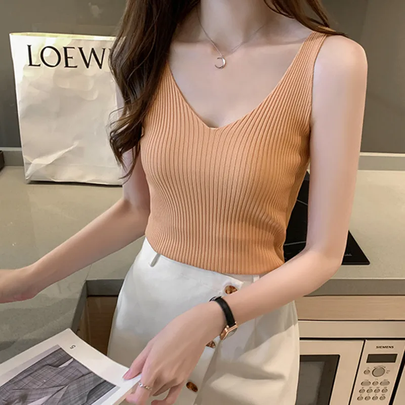 Korean Fashion Women Tank Tops Sexy Halter Top Lady Ice Silk V-neck Camis Top Plus Size Woman Knitted Sleeveless Camis Tees Tops