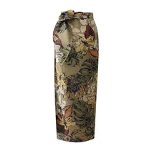 Юбка с принтом, Сексуальная кружевная ИМИТИРОВАННАЯ шелковая винтажная офисная дорожка, элегантный Цветочный Пояс, атласная летняя Корейская женская модная женская юбка