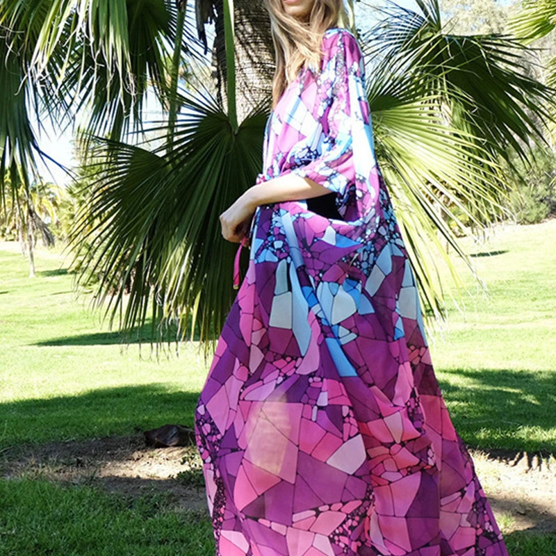 Print Beach Cover up Long Chiffon Beach Dress Tunics for Beach Sarong Robe de Plage Bikini Cover up Vestido de Playa