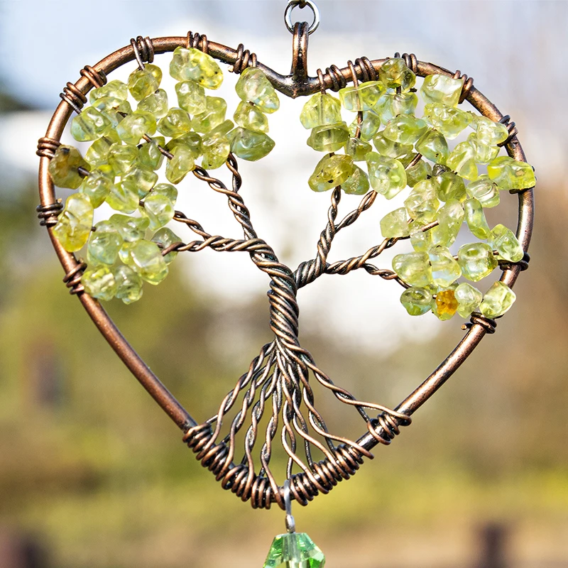H&D Heart Shaped Crystal Tree of Life Suncatcher Healing Natural Stones Rainbow Maker Window Hanging Ornament Home Garden Decor