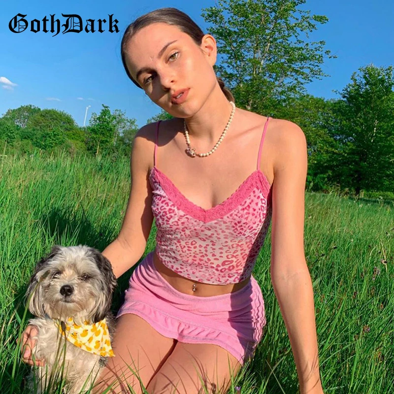 Goth Dark Y2k E-girl Fashion Leopard Print Crop Tops Strap Sleeveless Pink Lace Patch Streetwear Camis Sexy Women Summer Top