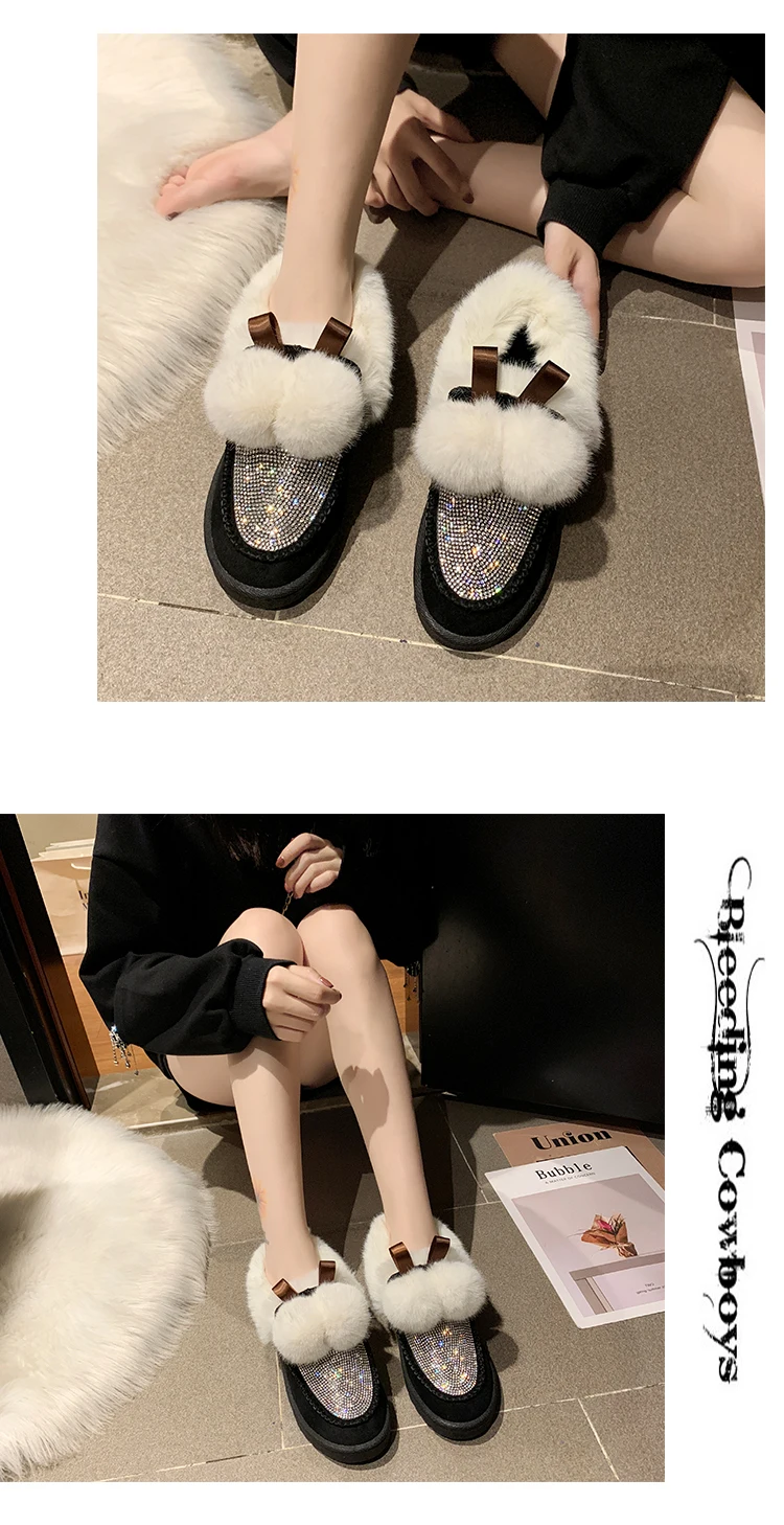 Winter new warm platform women's shoes with fur Rhinestone round head black flat shoes khaki soft brand design shoes q142