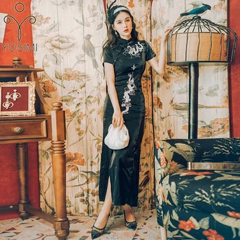 

YOSIMI Long Women Dress 2020 Summer Embroidery Chinese Style Cheongsam Split Sheath Rayon Ankle-Length Black Party Dress Elegant