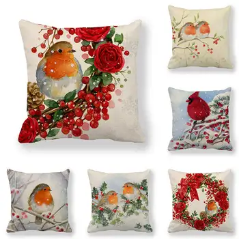 

45cm*45cm watercolor winter bird Christmas design linen/cotton cushion cover and sofa pillow case Home decorative pillow cover