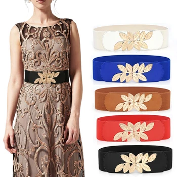 

2020 New Women Elastic Wide Belt Thick Vintage Carved Leaves Stretch Leather Waist Belt For Dress Corset Cinch Waistband
