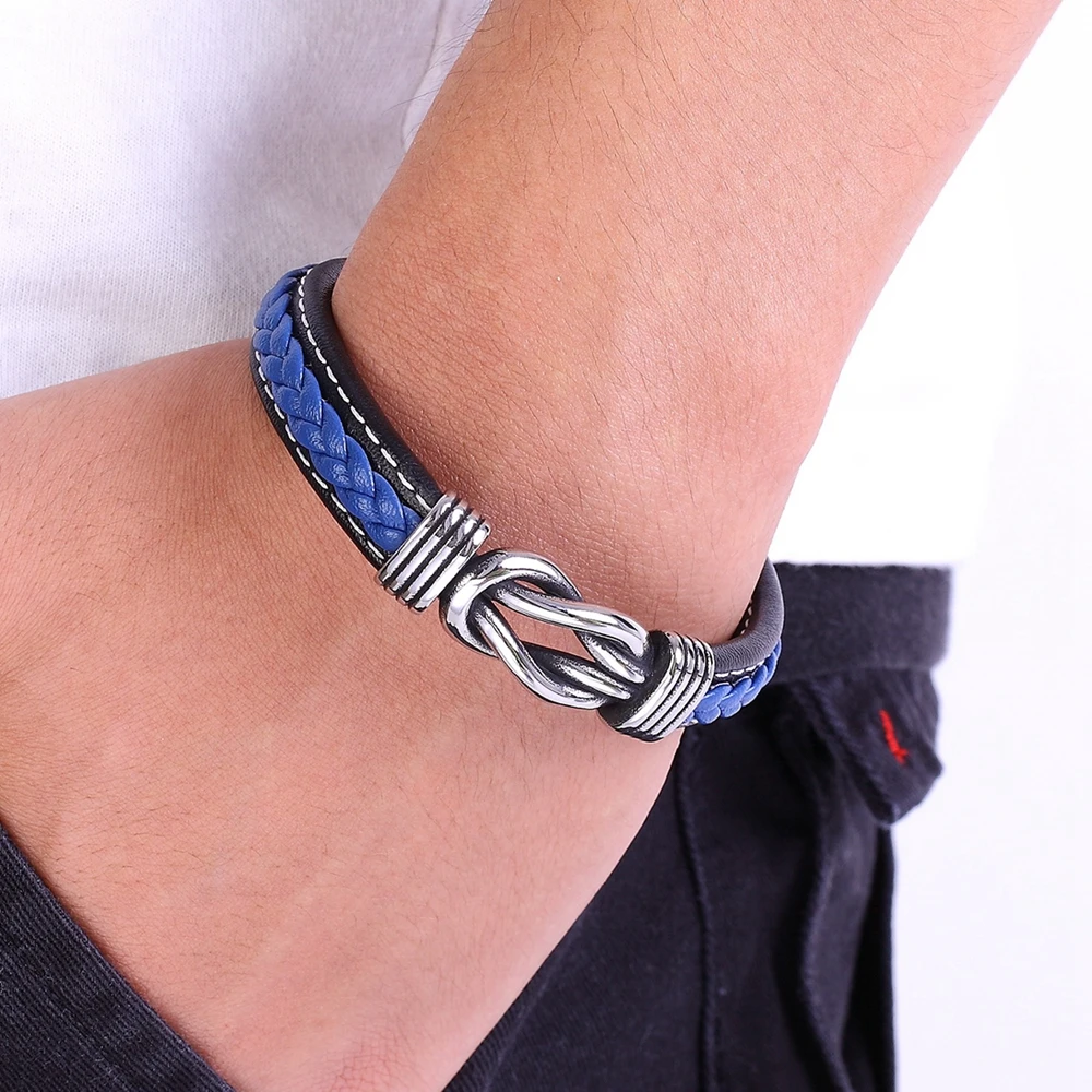 Bracelet Jewelry TYO Geometric Stainless Steel Men's Leather Bracelet Hand-woven Magnetic Clasp Black Blue Leather Bangle Christmas Jewelry Gift bracelet jewelry