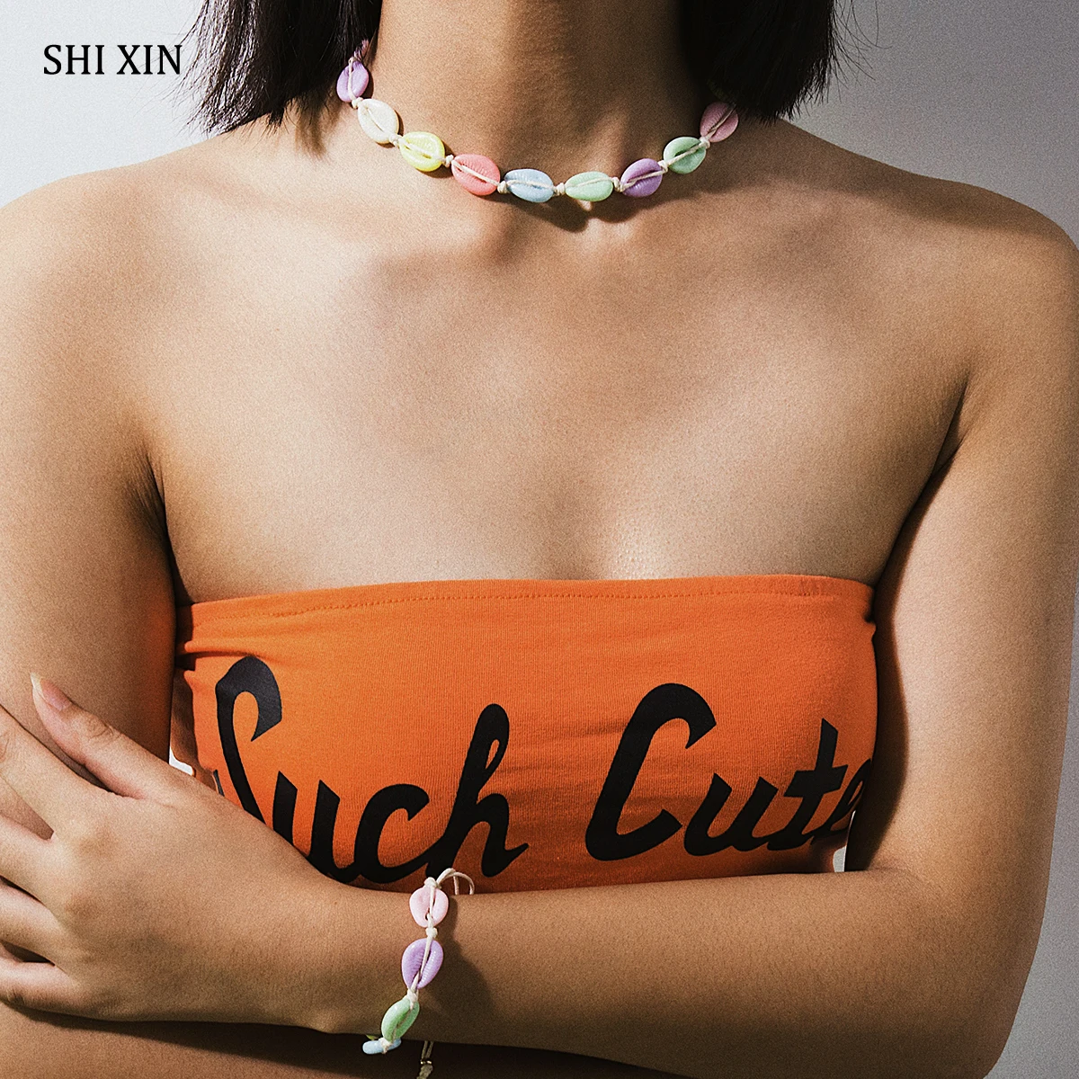 

SHIXIN Boho Colorful Acrylic Shell Choker Necklace Korean Summer Necklace for Women/Girl Adjustable Long Rope Collier Femme 2019