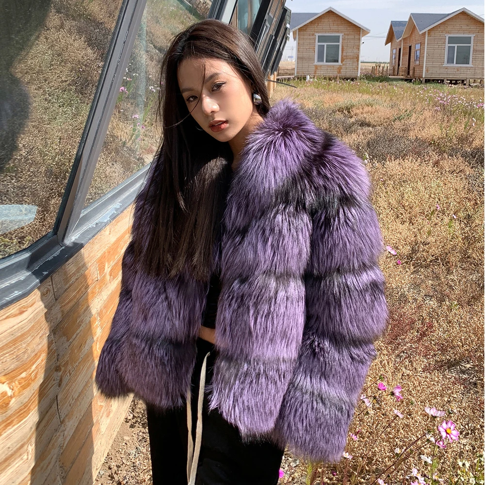 Fashion Natural Silver Fox Fur Jacket With Lapel Collar Winter New Trendy Whole Skin Genuine Silver Fox Fur Coats Female Outwear