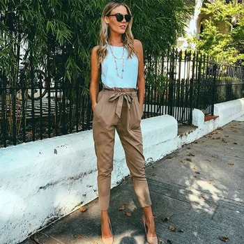 

women's summer trousers Women High Waist Harem Pants Women Bandage Elastic Waist Stripe Casual Pants For women
