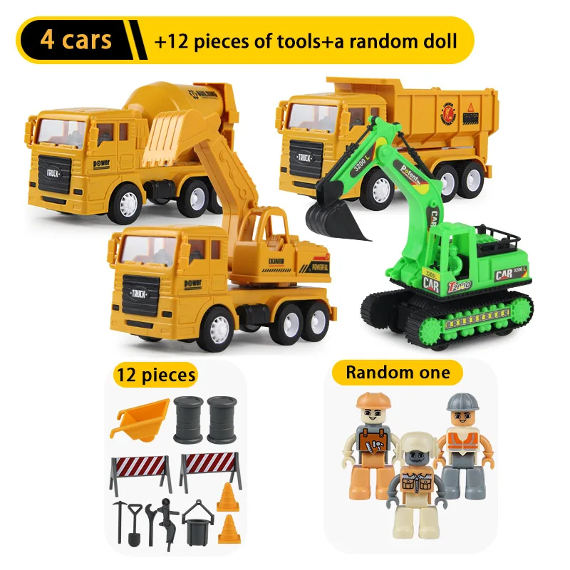 

4 pcs Big Size Engineering Car Model 1:48 Diecast Engineering Toy Vehicle Car Toy Dump Truck Excavator Engineering Vehicle