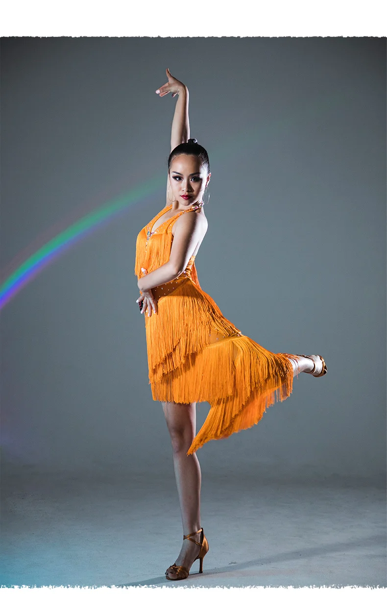 Сексуальное латинское танцевальное платье искусственный камень желтого цвета юбки с бахромой профессиональное соревнование платье бахрома костюмы сценическая одежда DQS2947