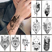 Waterproof Temporary Tattoo Sticker Fake Tatoo Realistic Body Art Half Wolf Face Geometry On Arm For Men Women Child Tattoos