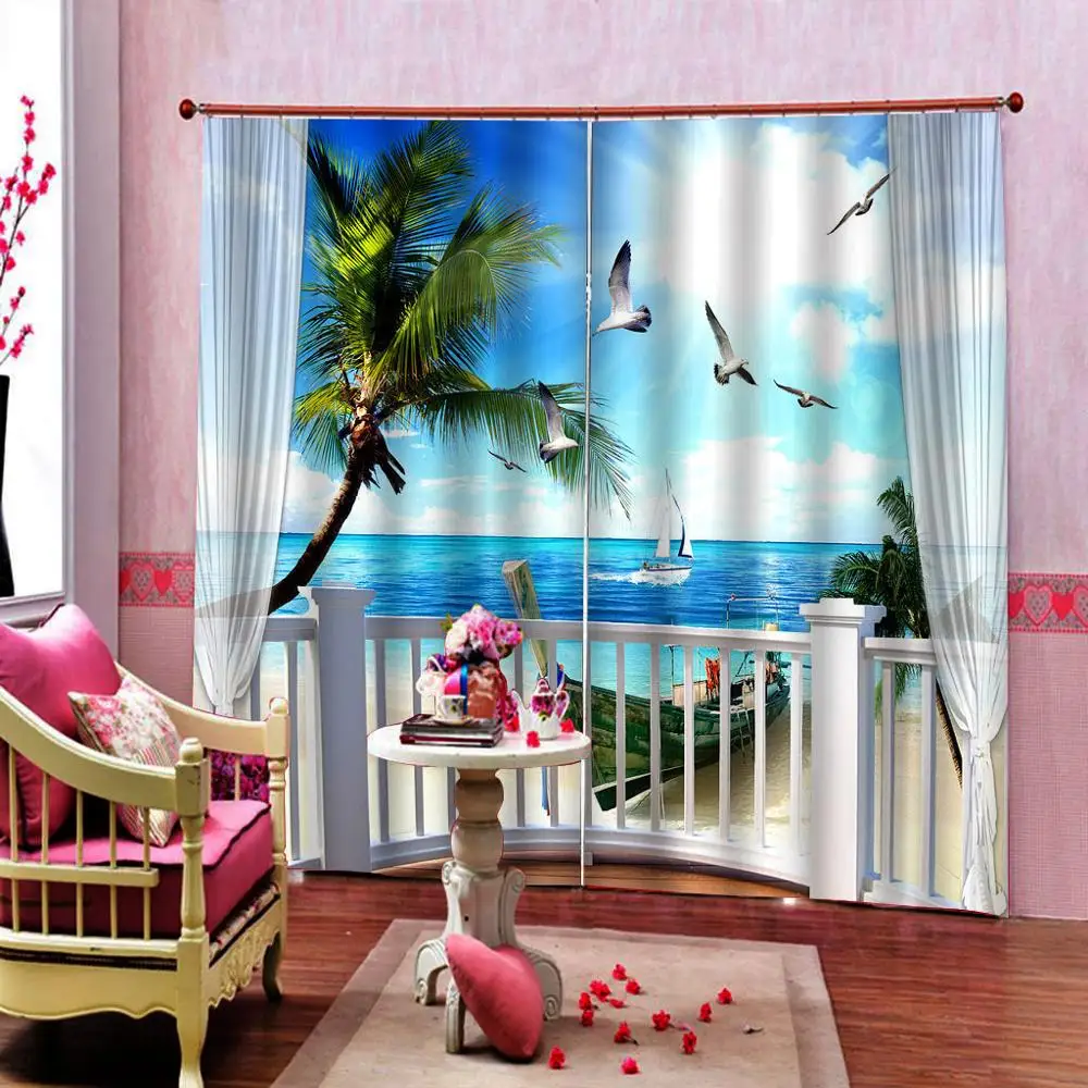 3D Printing Window Curtains Blockout Drapes Fabric Balcony Sea Beautiful View 