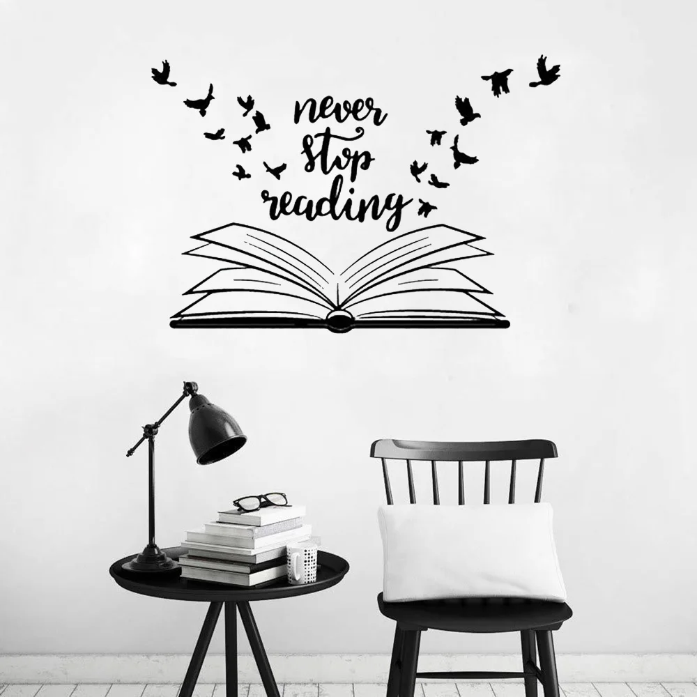 Never Stop Reading Wall Decalcomanie Biblioteca School Classroom Book Studio Room Wall Sticker Vinile Home Decor Readding Room Murale