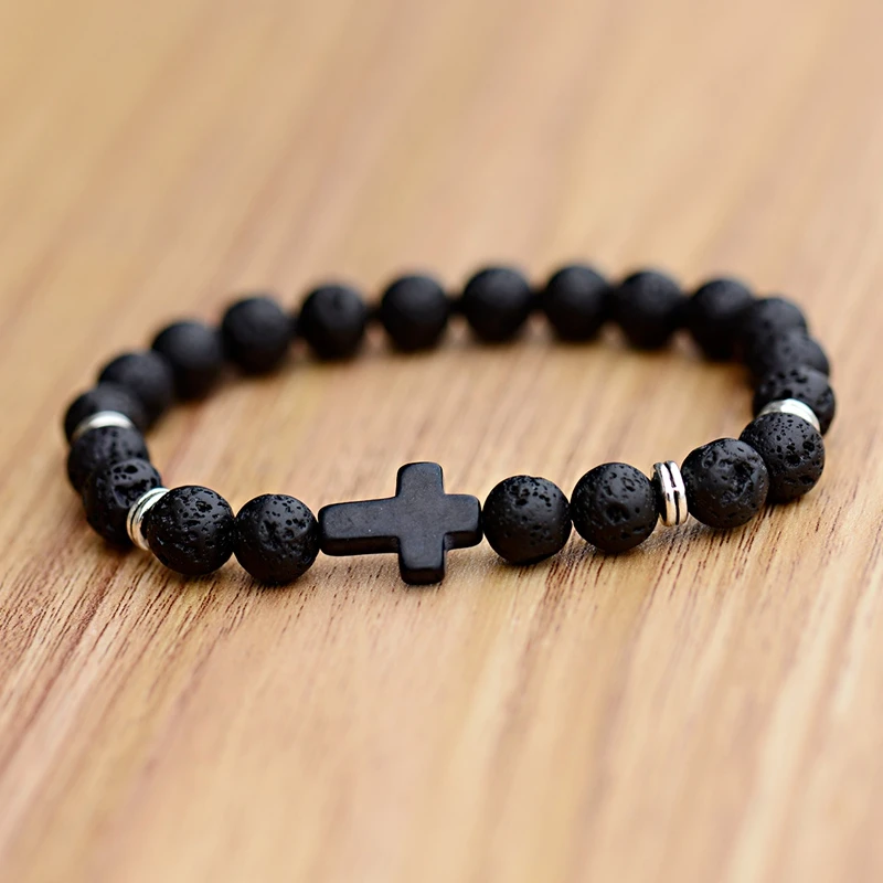 fragancia Eh Modales Pulsera con cuentas para hombre, brazalete con piedras de Lava y Cruz  Negra, joyería masculina|Pulseras de hilo| - AliExpress