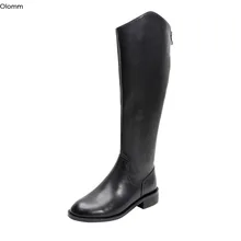 Olomm/популярные женские зимние кожаные сапоги до колена ботинки на низком квадратном каблуке Очаровательная Элегантная Клубная обувь черного цвета с круглым носком женские размеры США 3-9