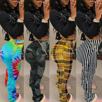 

ZOOEFFBB Sexy High Waist Stacked Sweatpants Women Fashion Joggers Tie Dye Camo Plaid Bodycon Leggings Elastic Ruched Bottom Pant