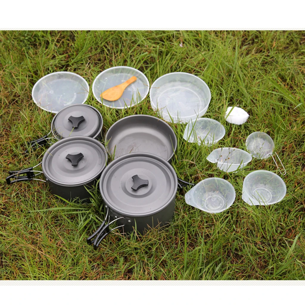 14 Pieces Outdoor Camping Hard Alumina Cookware Mess Kit  Utensils PP Dishes Bowls Spoon for 5 Person