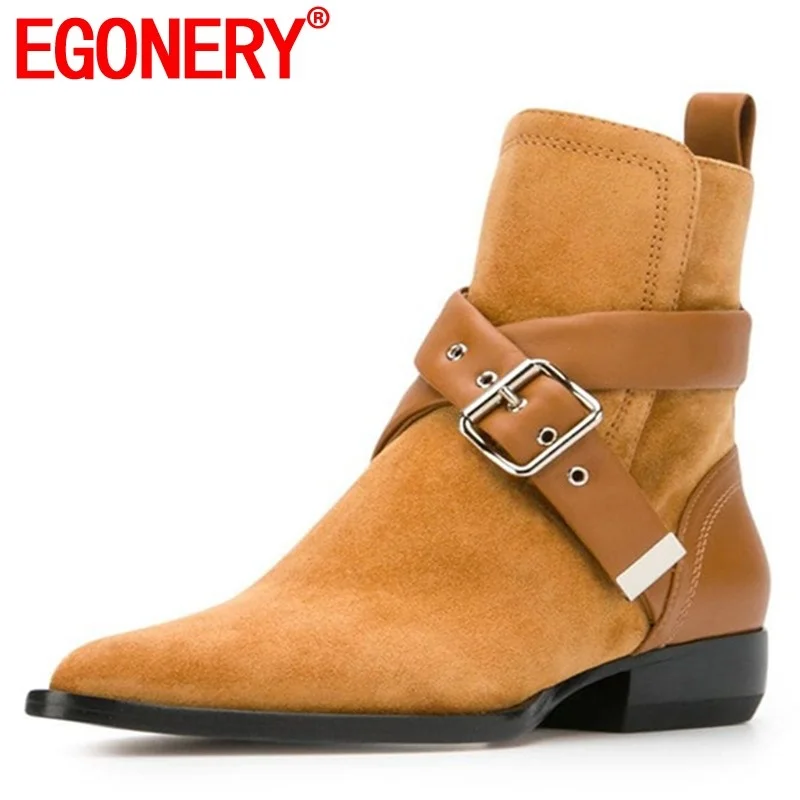 

EGONERY 2019 autumn new ankle boots outside low heels pointed toe handmade genuine leather women shoes drop shipping size 34-43