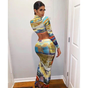 

Dulzura print women two piece set crop top midi skirt slit bodycon sexy 2020 summer clothes outfit co ord set streetwear party