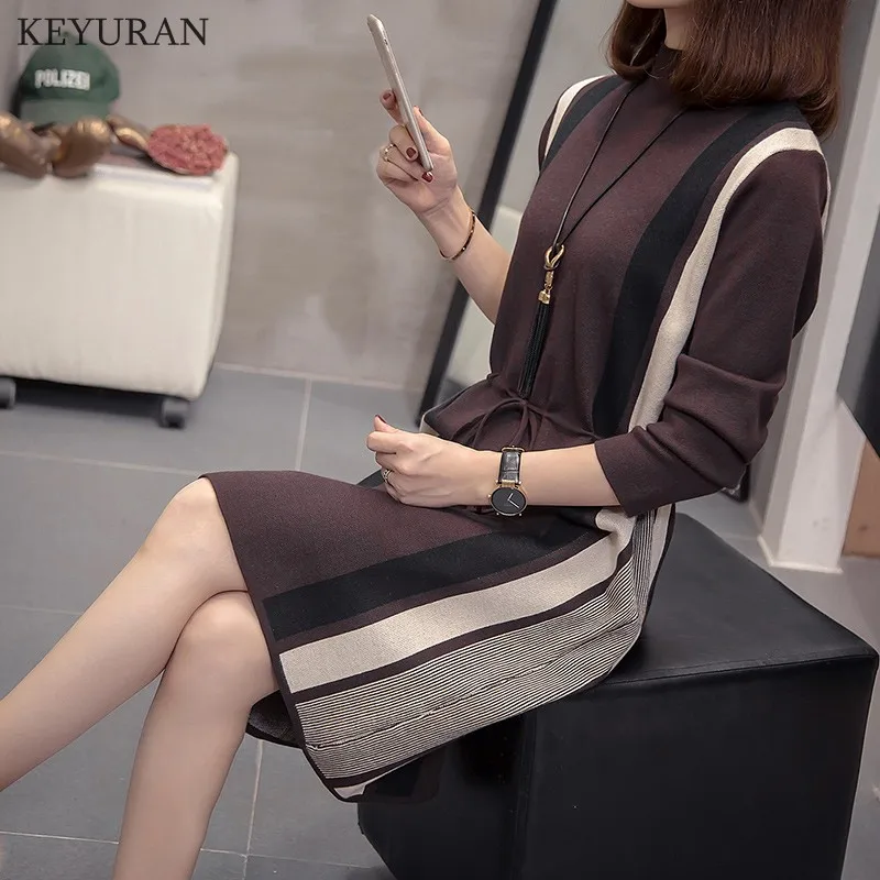 Коричневый New Autumn Winter Women Knitted A-line Dress Fashion Striped Patchwork Dresses Plus Size Casual Ladies Pull femme Vestidos L4344 - Цвет: Коричневый