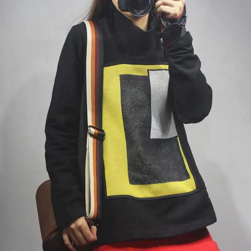 Johnature Casual Hoodies Patchwork Turtleneck Women Clothes New Autumn Pullovers Loose Geometric Leisure Ladies Hoodie