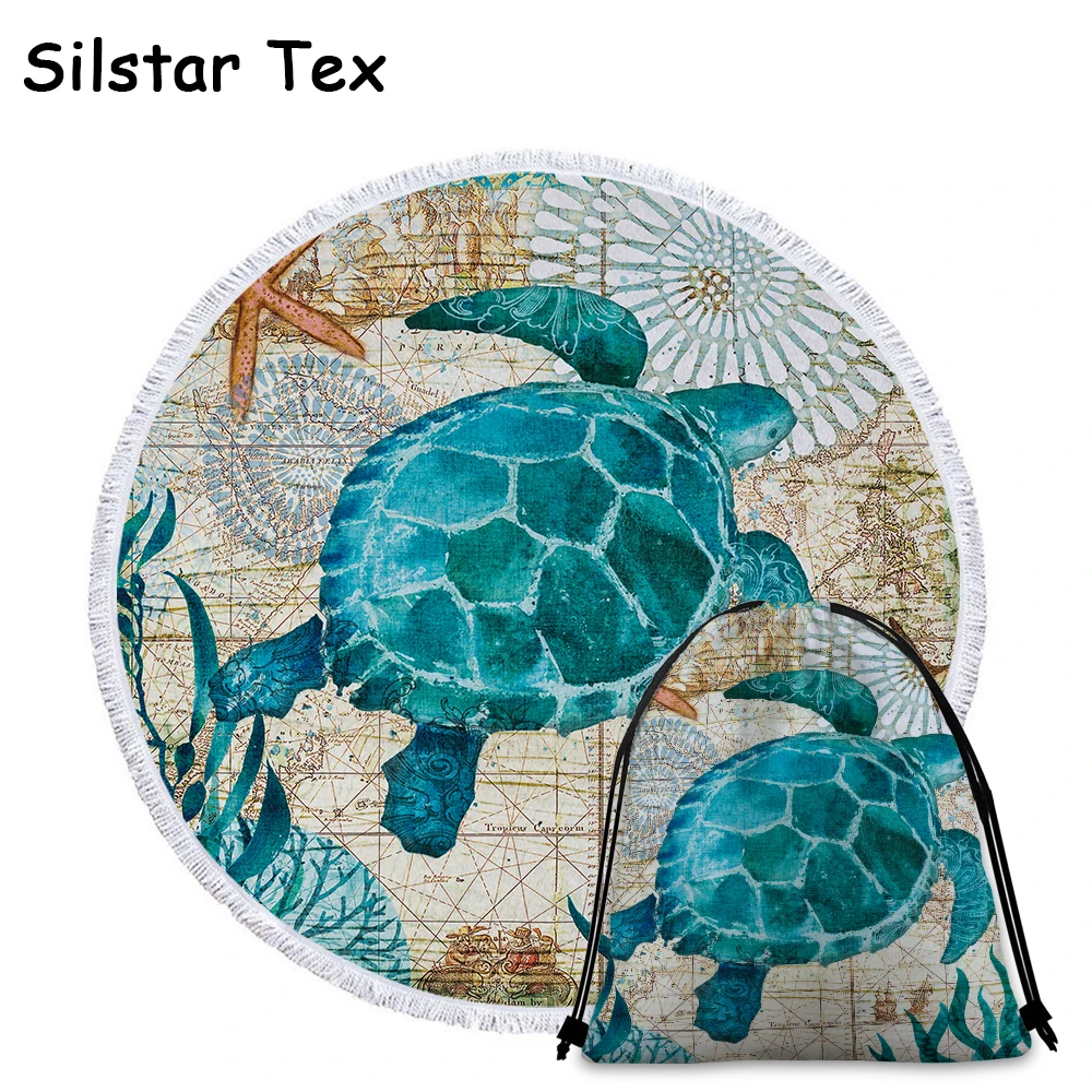 Silstar Tex Sea Turtle Tassel круглое банное полотенце из микрофибры для путешествий сжатые