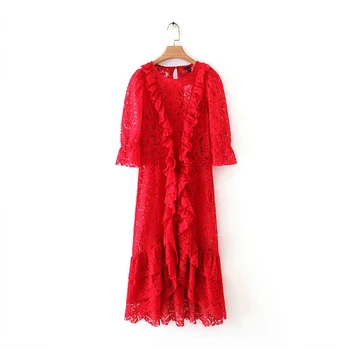 

Vintage women lace patchwork long dress 2020 fashion ladies red ruffles dresses elegant female party dress feminine girls chic