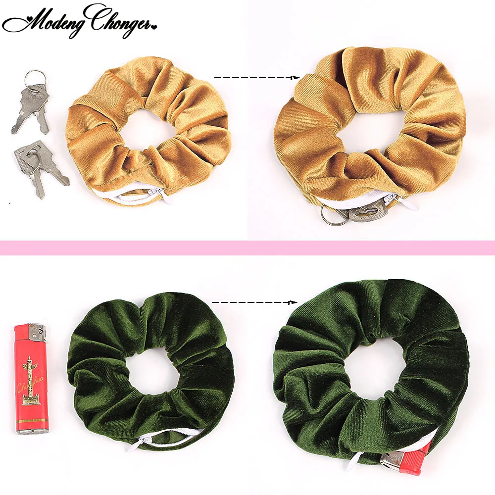 

2020 Fashion New Retro Zipper Large Intestine Elastic Hair Band Velvet Tencel Pocket wallet Hair Scrunchies Hair Accessories