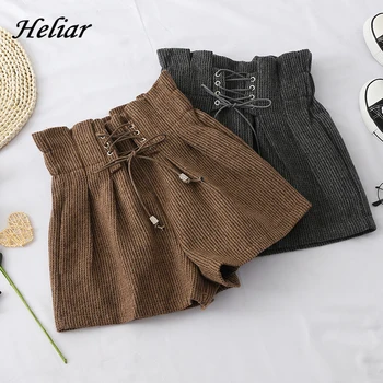 

HELIAR Women Bud Drawstring Shorts Outerwear Casual High Waist Short With Sashes Wide Leg Woman Korean Style Shorts 2019 Autumn