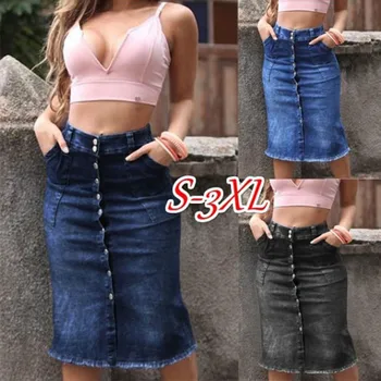 

New Fashion Denim Skirts Womens Jupe Femme Slim Thin Buttons With Pockets Skirt Faldas Mujer Moda 2020 Summer Middle Skirt #20